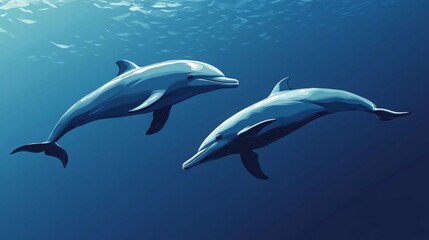 Fototapeta premium Two dolphins swimming gracefully in deep blue waters.