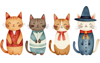 Four cute, cartoon-style cats in colorful outfits, smiling and standing together.