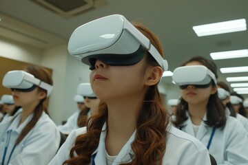 A group of students in white uniforms uses VR headsets, focused and engaged in a classroom setting