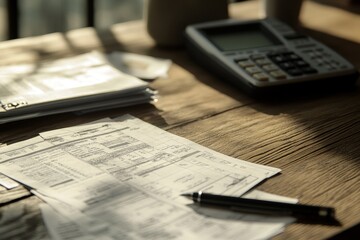 Documents and Calculator on Wooden Table
