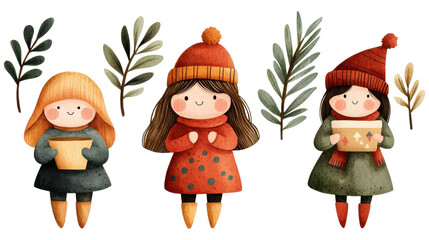Fototapeta premium Three cheerful girls in winter attire, holding gifts and surrounded by greenery, isolated on a white background.