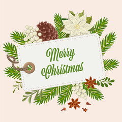 Christmas white tag with Merry Christmas lettering. A vibrant holiday design featuring pine cone and tree branches arranged for festive decoration during winter