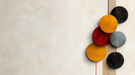 This image presents a vertical arrangement of textured circular shapes in varied colors, artistically aligning a series of overlapping elements against a subtle backdrop.