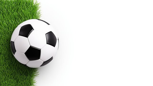 Soccer Ball on Grass: Classic black and white soccer ball resting on lush green grass against a clean white background, perfect for sports-themed designs and websites.
