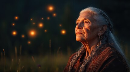 A serene elderly woman with braided white hair, surrounded by glowing lights, looks upwards in a field at dusk, symbolizing wisdom, reflection, and hope.