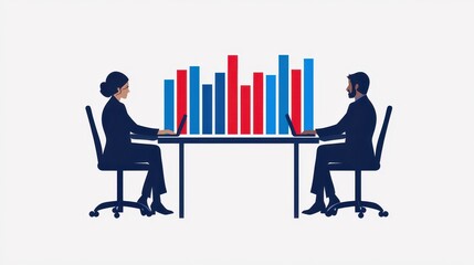 Fototapeta premium Business professionals analyzing data with bar charts on a table, white isolated background.