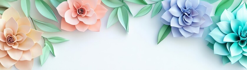 Delicate watercolor-style flowers in 3D, pastel petals and lush green leaves, artistic botanical background, soft textures for prints and design
