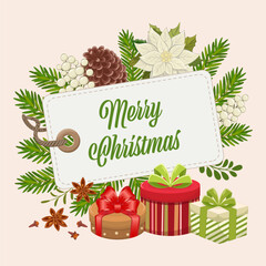 Christmas white tag with Merry Christmas lettering. A vibrant holiday design featuring pine cone and tree branches arranged for festive decoration during winter