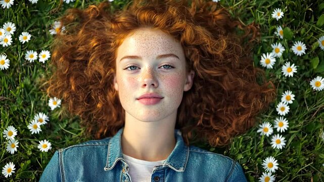 A young woman with red hair lies in a field of daisies, her eyes closed and a peaceful expression on her face