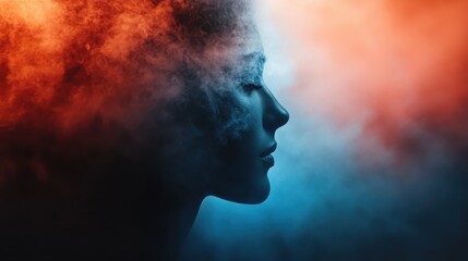 A dramatic smoky silhouette profile of a woman set against a vividly abstract background of swirling blue and orange hues, conveying mystery and emotion.