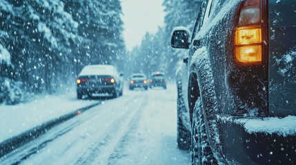 Snow-covered cars caught in a traffic jam along a forest road during gentle snowfall