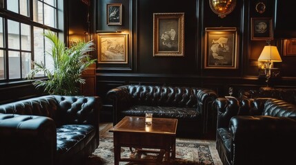 A luxurious living room with dark walls, leather sofas, and framed artwork. The room has a cozy and intimate atmosphere, perfect for relaxing or entertaining guests.