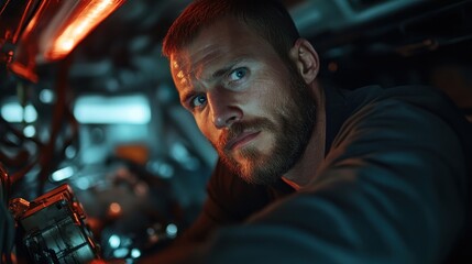A man closely examines intricate machinery under warm lighting, reflecting the focus, precision, and modern technology involved in mechanical engineering.