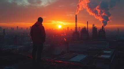 Fototapeta premium A lone figure stands on a hilltop, silhouetted against a vibrant sunrise, overlooking an industrial cityscape with smoke billowing from chimneys.