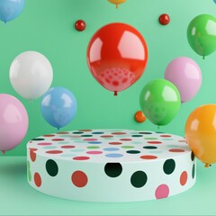 A festive scene with colorful balloons and a polka-dotted platform.