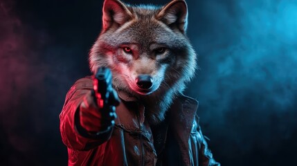 A menacing wolf in a leather jacket holds a gun towards the viewer, with intense eyes and dramatic lighting for a suspense-filled, action-driven visual narrative.