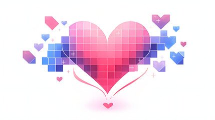 A vibrant heart design created with colorful pixel squares in shades of pink and purple