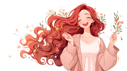 A joyful woman with long, flowing red hair surrounded by vibrant flowers in a bright setting