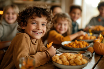 Fototapeta premium A cheerful young boy enjoys a festive meal with friends, surrounded by autumn decor and tasty treats. His bright smile and lively expression capture the warmth of this joyful gathering.