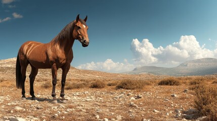 Obraz premium A single brown horse stands amidst a vast, barren desert plain under a deep blue sky, symbolizing solitude, resilience, and the natural beauty of untamed landscapes.
