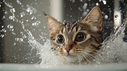 Cat Playing in Water with Bubbles and Splashes