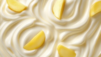 Yogurt with mango pieces. Close-up texture