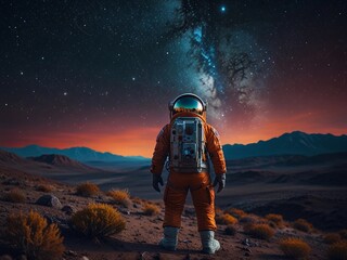 Astronaut Staring at the Milky Way over Alien Desert Landscape – Space Exploration and Planetary Settlement concept. Space tourism concept.