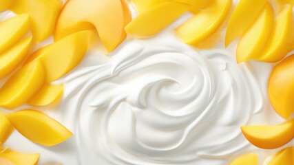 Yogurt with mango halves. Close-up texture
