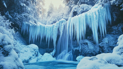 Frozen waterfall adorned with long icicles in a serene winter forest landscape