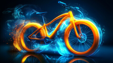 A vibrant orange bicycle with fiery and icy wheels, glowing in neon blue and orange light, showcasing the dynamic energy and movement of biking excitement.