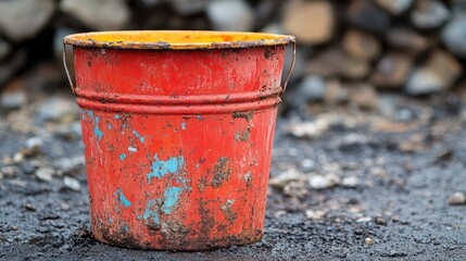 Naklejka premium rusty red paint bucket resting in a construction zone conveying a sense of raw texture and the essence of ongoing projects and creativity in progress