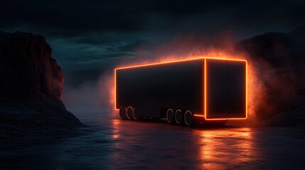 A mysterious, glowing trailer is stationed amid a dark, smoky valley, surrounded by an atmosphere of intrigue and adventure under the night sky.