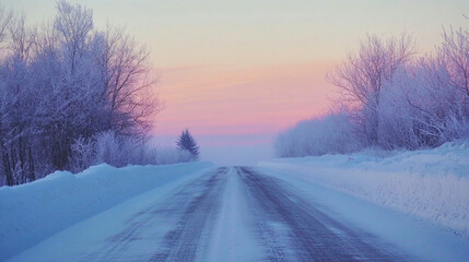 Obraz premium Icy road at sunrise with snow banks and a frozen horizon creating a serene winter landscape