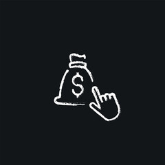 Bag of money and pointer chalk icon. Thin line customizable illustration. Contour symbol. Vector isolated outline drawing.