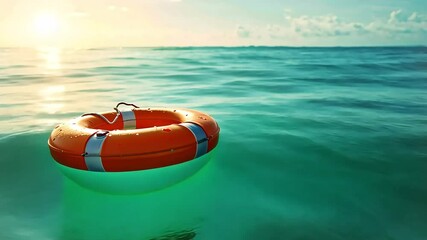 An orange life preserver floating in the clear blue ocean water.