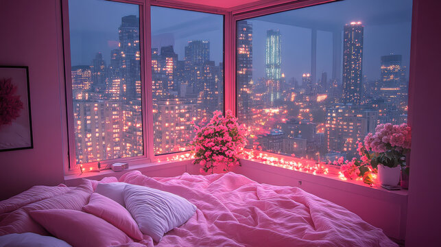 Fototapeta Modern style luxury pink master bedroom with blurry city view in the night background