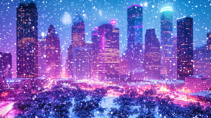 Fototapeta premium A vibrant urban skyline illuminated by neon lights during snowfall at night