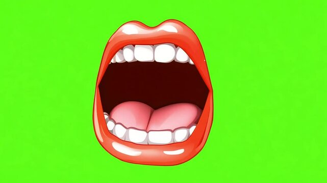 Cartoon mouth with white teeth and pink tongue open wide against a green screen.