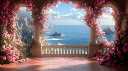 Fototapeta premium Balcony with Ocean View and Pink Flowers - Illustration