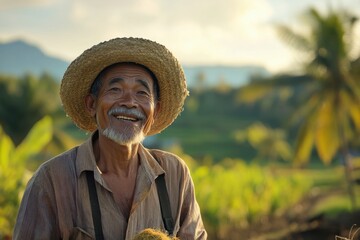 Cheerful Farmer in a Sunlit Field Gathering Crops