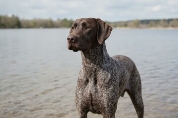 Majestic German Shorthaired Pointer by Calm Lake Amidst Serene Nature