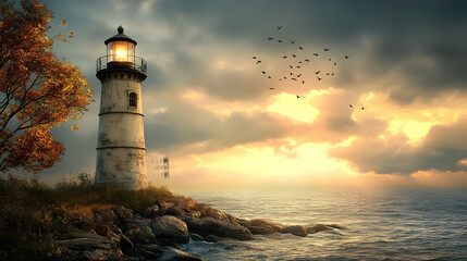 Naklejka premium Lighthouse on Rocky Shore at Sunset - Digital Painting