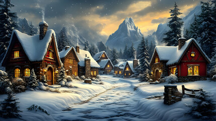Fototapeta premium Snowy Village Illustration with Cozy Cottages