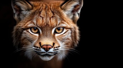 This close-up capture highlights the lynx's piercing eyes and intricate facial features, illuminated against the contrasting black background, showcasing its wild grace.