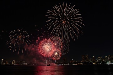 Splendid Fireworks Display Illuminating Night Sky With Vibrant Colors Above Serene Water Reflecting Spectacular Show
