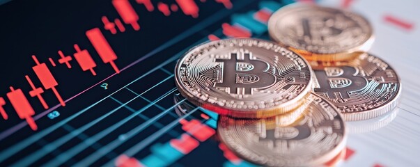 Bitcoin coins on a stock market chart with candlestick patterns, symbolizing cryptocurrency investment.