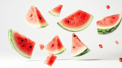 floated slices of watermelon falling on white background