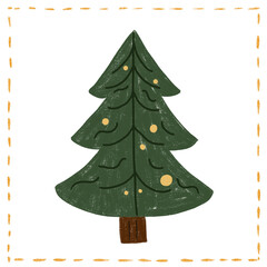 Colorful blue spruce hand-drawn Christmas tree with ornaments and a star on top, decorated for the festive season