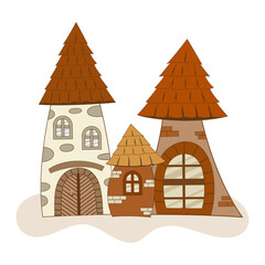 Cute gingerbread houses set with decorations, ornaments and gingerbread people. Christmas cookies and candies. Stock vector illustration collection