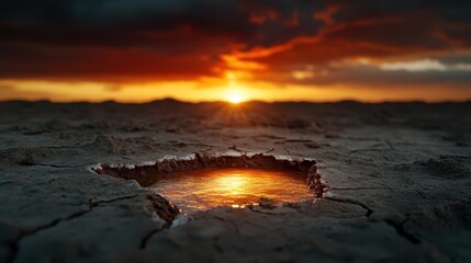 A stunning image of cracked earth with a reflective water hole illuminated by a vibrant sunset, representing drought, hope, and environmental challenges.